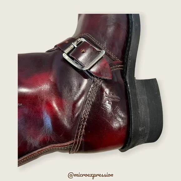 $389 Veronica Short Engineer Lug Sole Belted Red Oxblood Leather Moto Ankle Boot - Picture 11 of 13